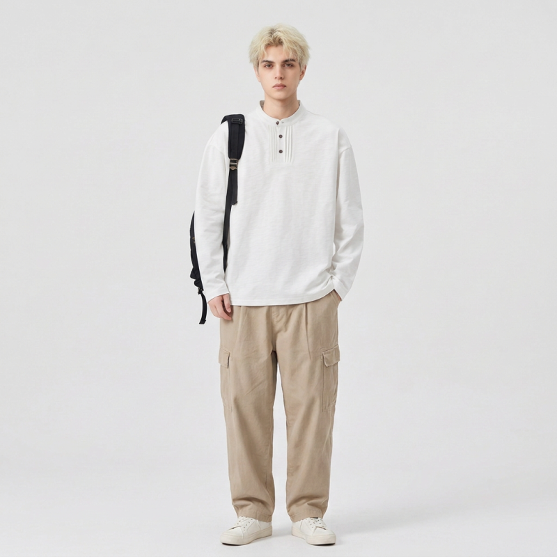 Henley Collar Long-sleeved T-shirt