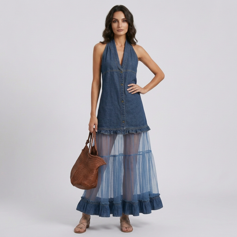 Denim Mesh Halter Maxi Dress