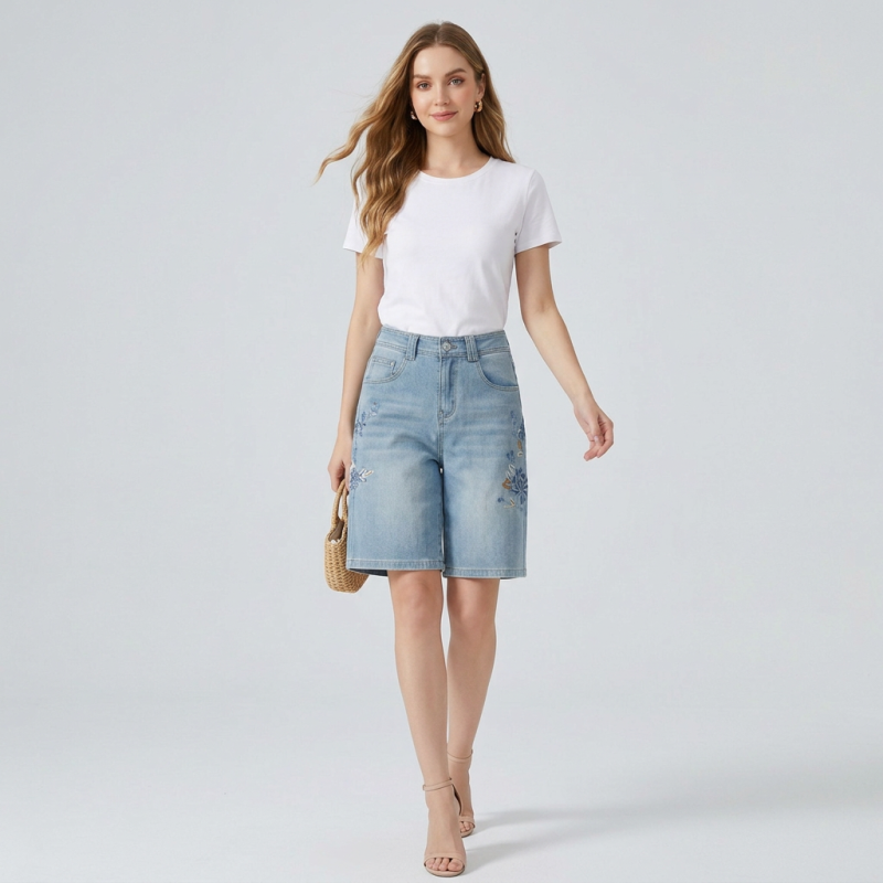 Loose-fitting Embroidered Denim Shorts