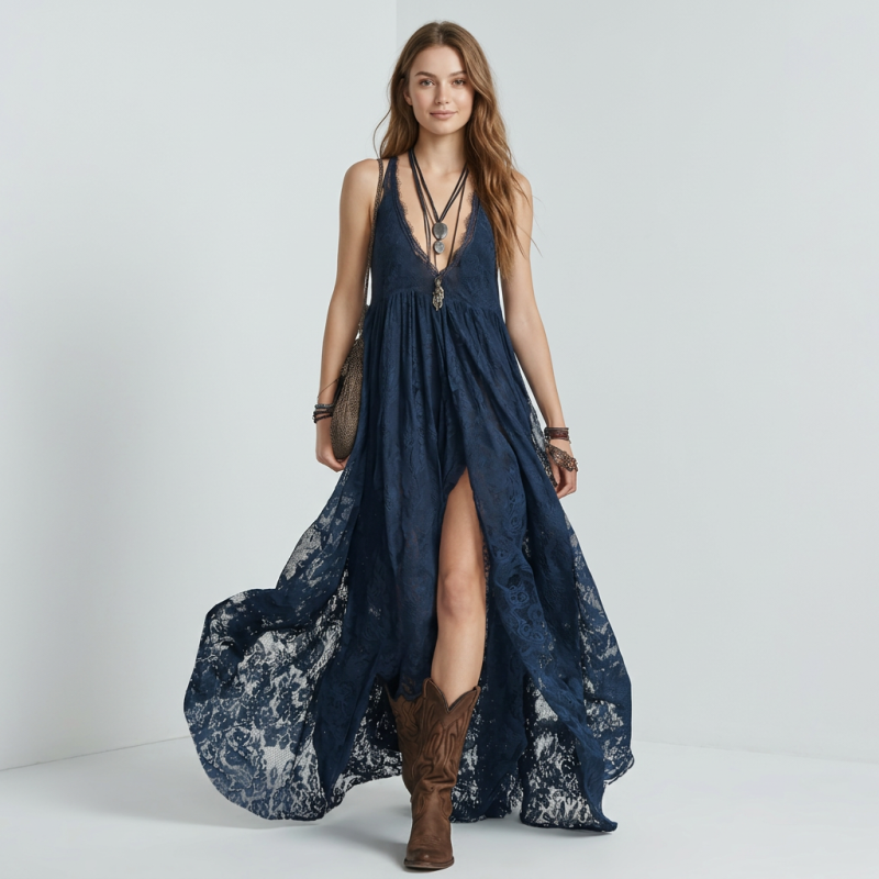 Retro Lace Slit Maxi Skirt