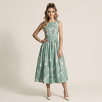 Green And White Floral Sleeveless Dress