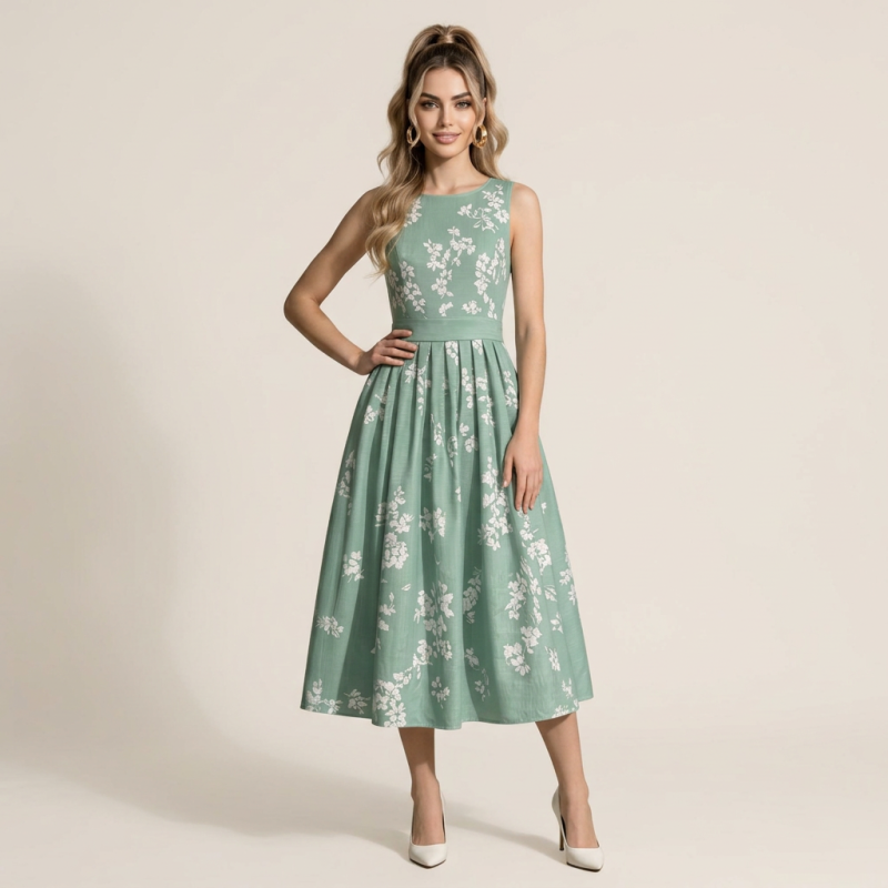 Green And White Floral Sleeveless Dress