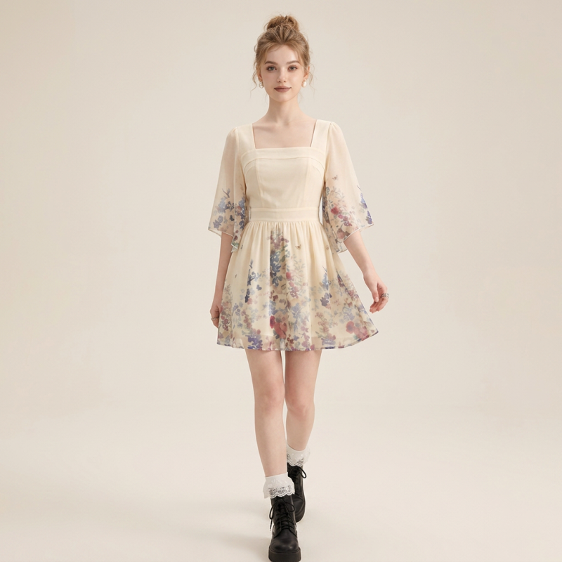 Elegant Floral Square Neck Dress