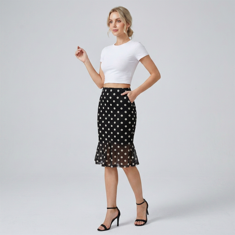 Polka Dot Mesh Fishtail Skirt