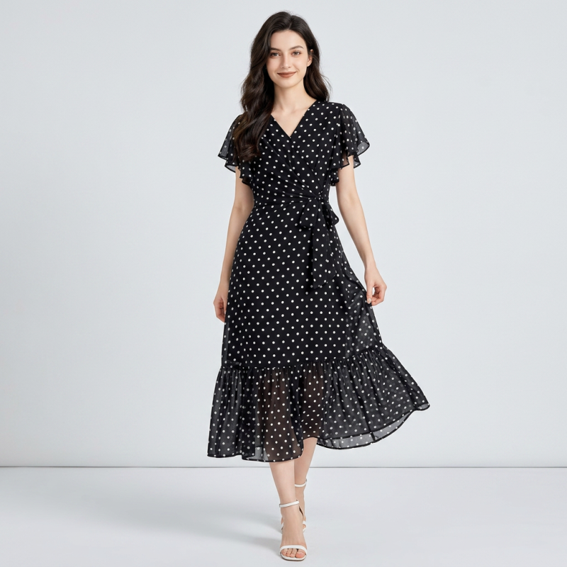 V-neck Polka Dot Dress