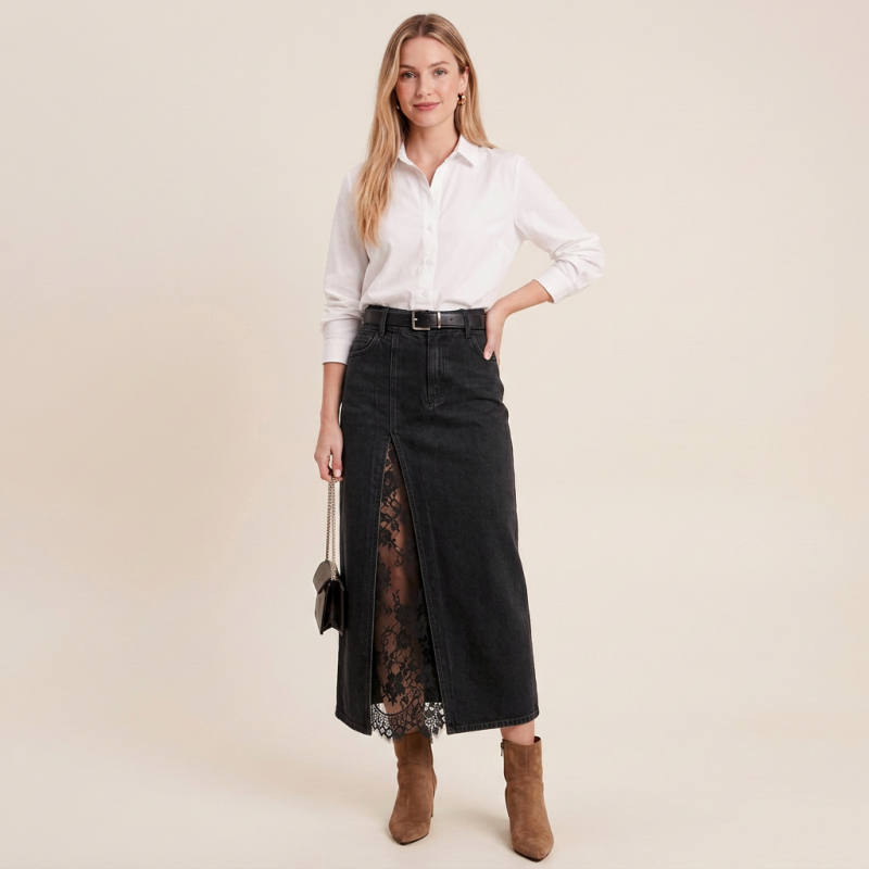 Lace Washed Denim Skirt