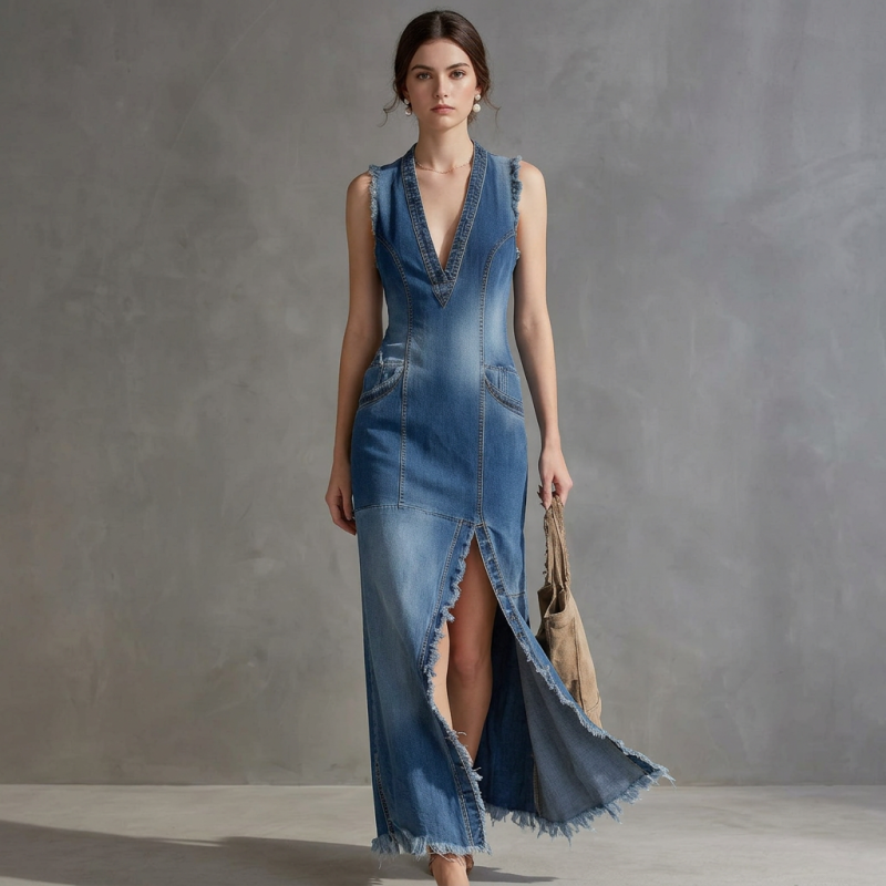 Elegant Slit Denim Maxi Skirt