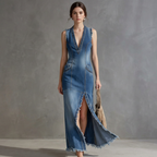 Elegant Slit Denim Maxi Skirt