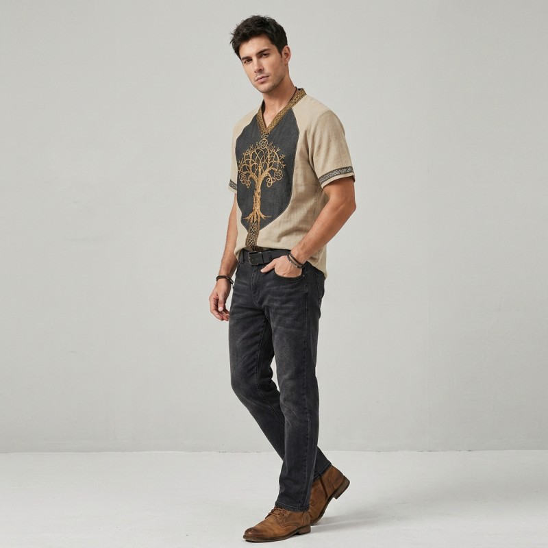Embroidered V-neck Short-sleeved Shirt