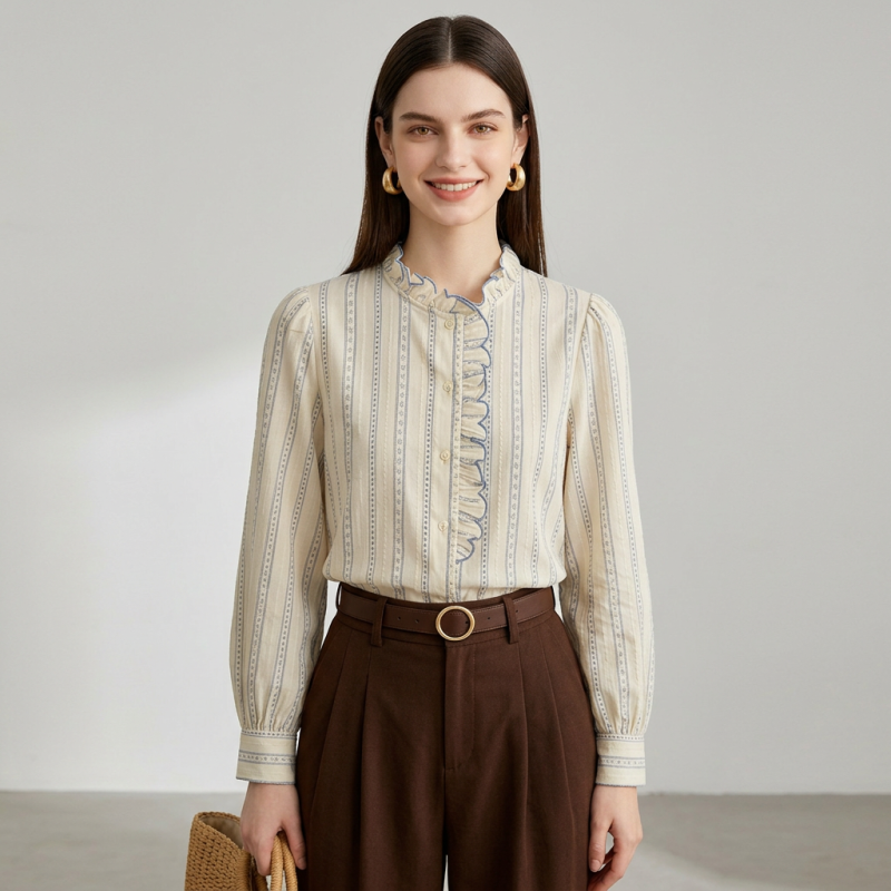 Ruffled Stand-up Collar Shirt