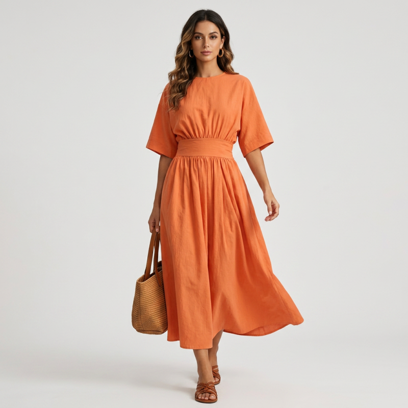 Round Neck, Fitted Waist, Short Sleeves, Full Skirt