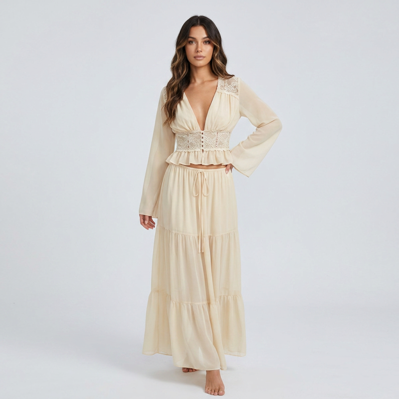 Lace Cardigan + Belted Maxi Skirt Set