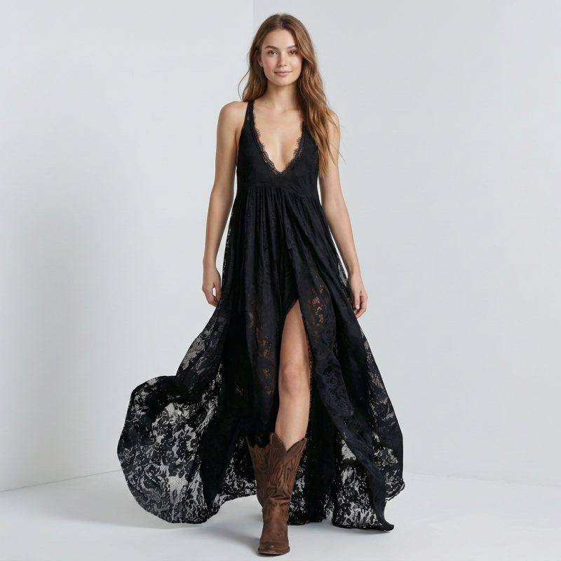 Retro Lace Slit Maxi Skirt
