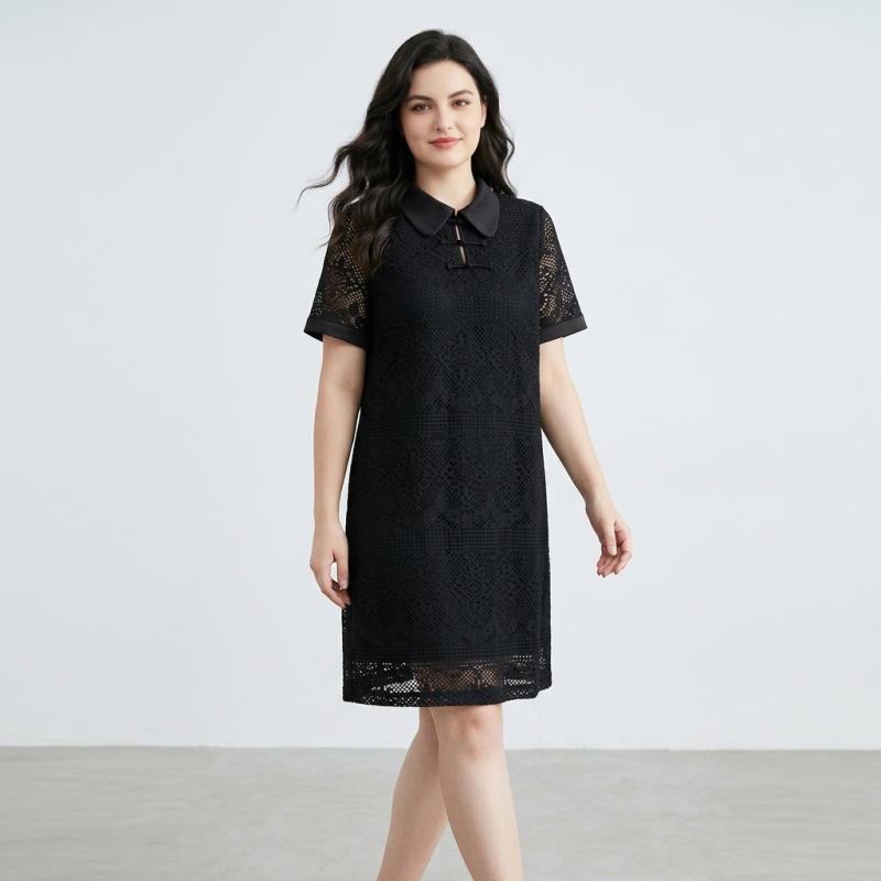 Short-sleeved Lace Dress With Chinese Knot Buttons