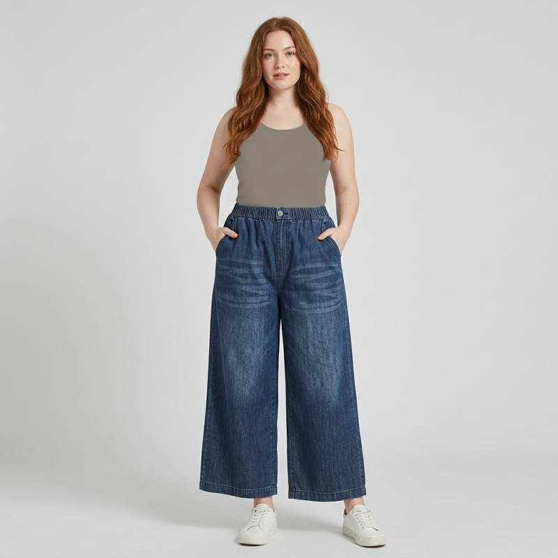 Elastic Waist Wide-leg Jeans