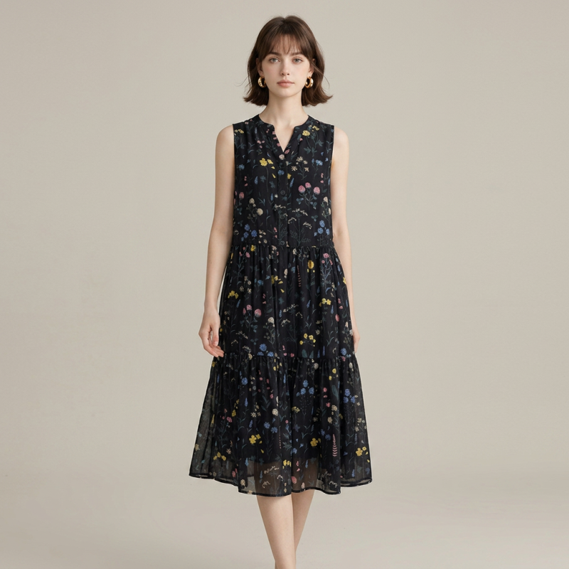 Sleeveless V-neck Printed Dress
