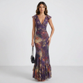 Deep V-neck Printed Fishtail Dress