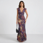 Deep V-neck Printed Fishtail Dress