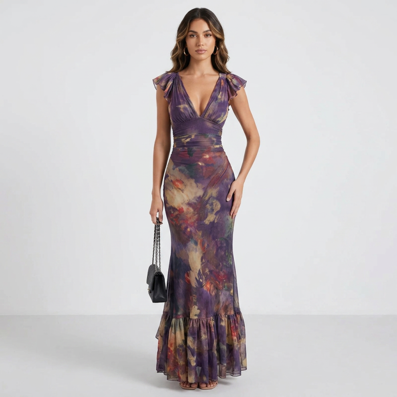 Deep V-neck Printed Fishtail Dress