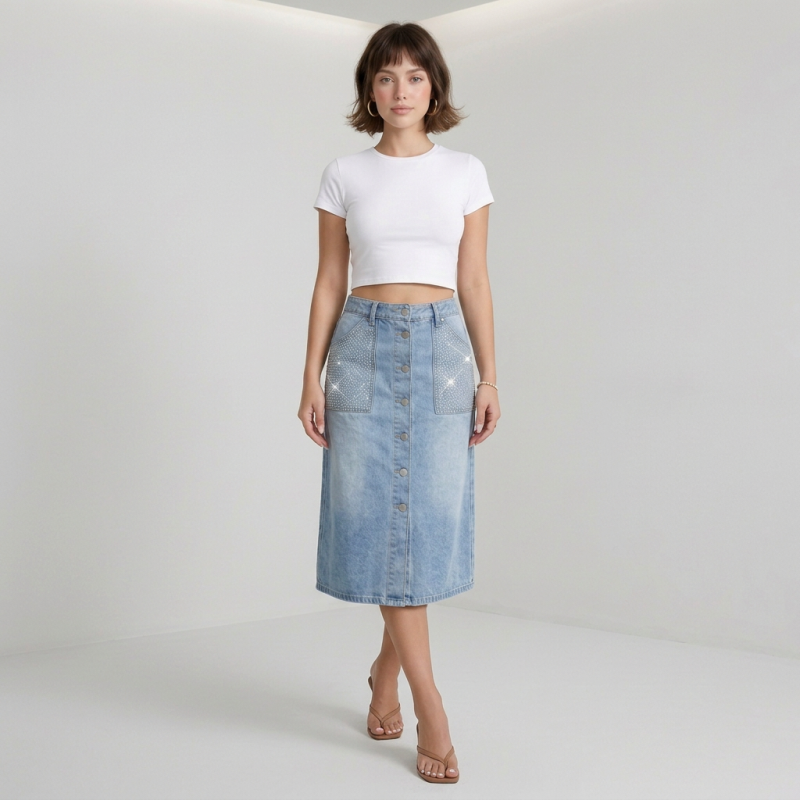 Fashionable Rhinestone Denim Skirt