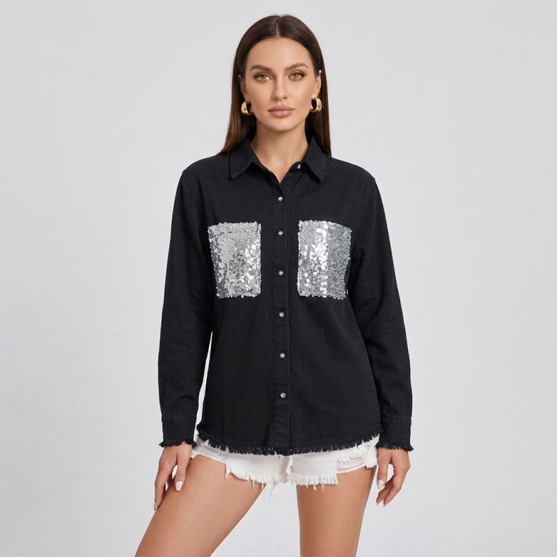 Sequined Frayed Denim Shirt