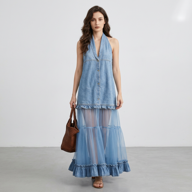 Denim Mesh Halter Maxi Dress