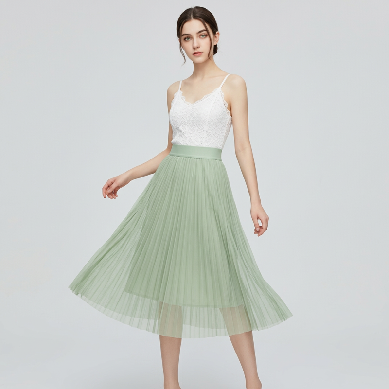 Mesh Pleated Midi Skirt