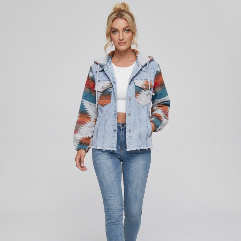 Color-blocked Hooded Denim Jacket