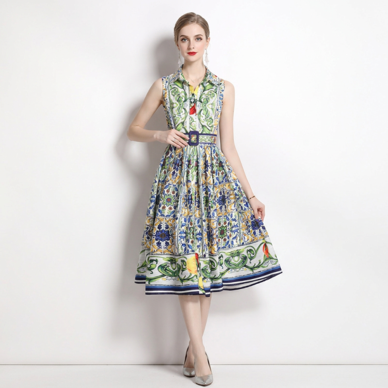 Stylish Waist-cinching Printed Dress