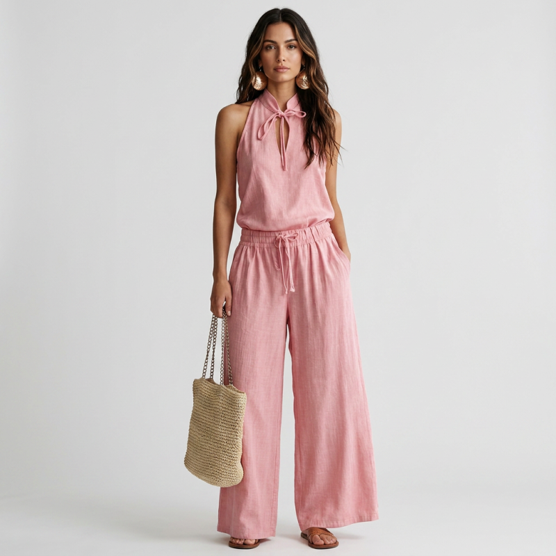 Halter Top With Tie Neck + Wide-leg Pants