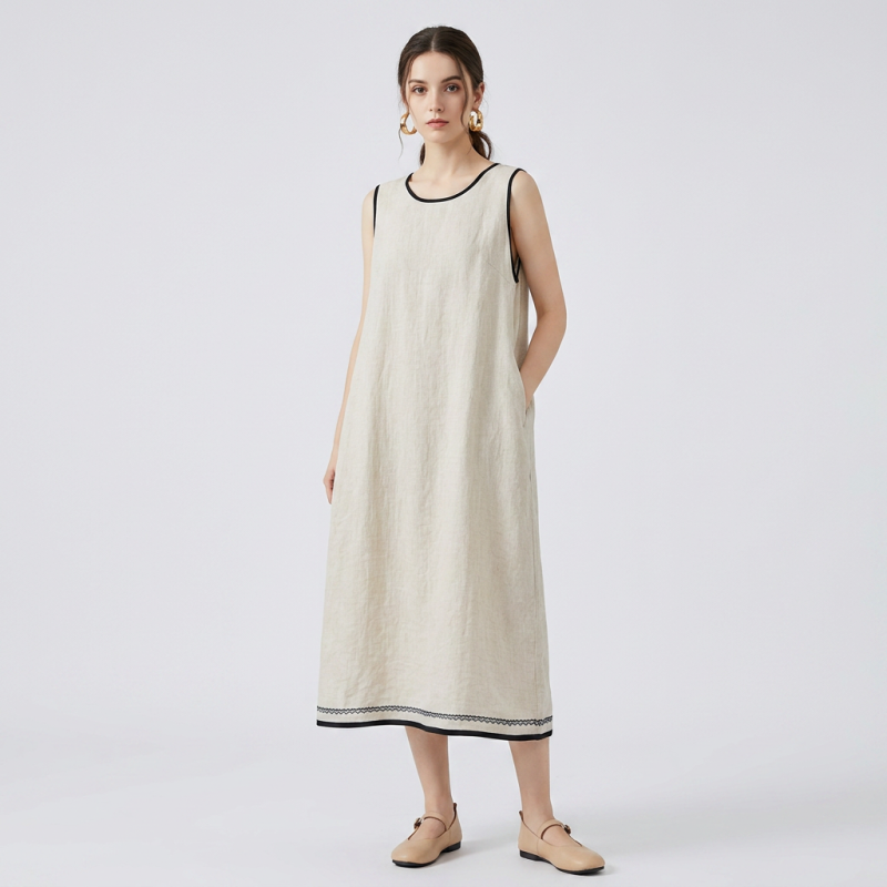 Round Neck Sleeveless Cotton Linen Dress