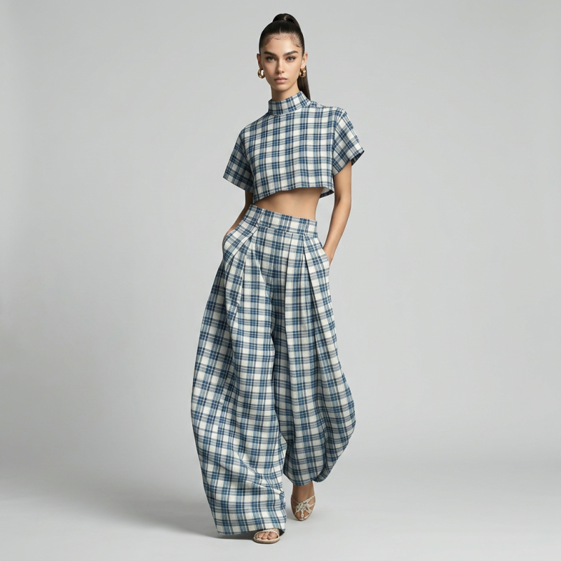 Plaid Wide-leg Pants Suit