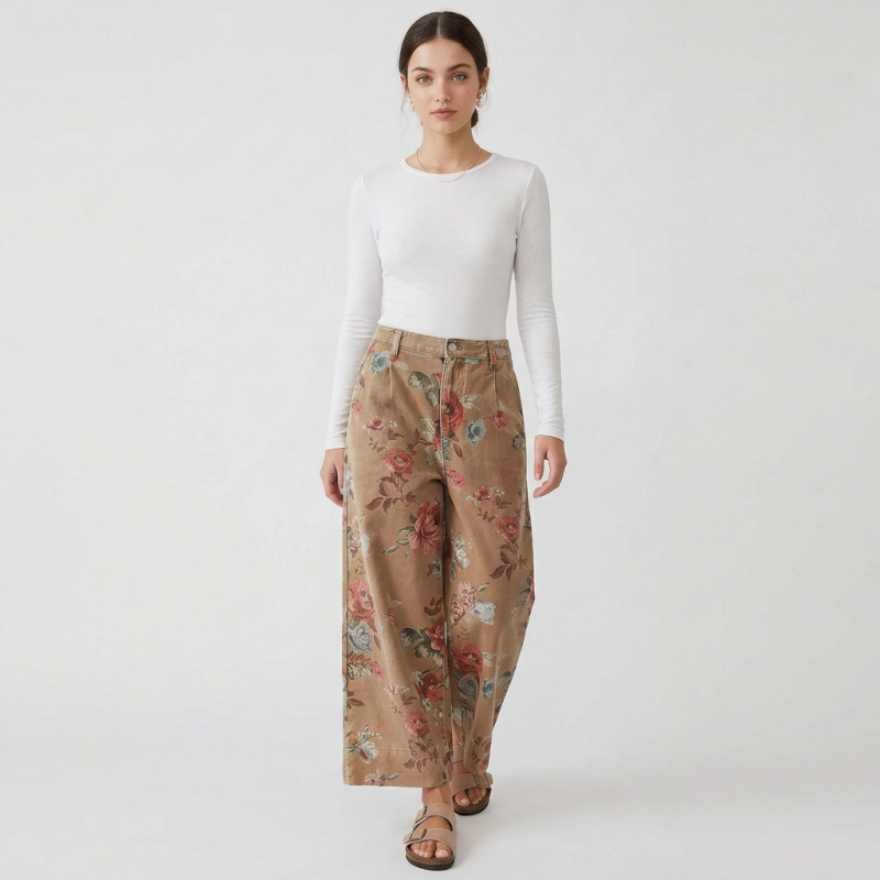 Retro Floral Wide-leg Pants