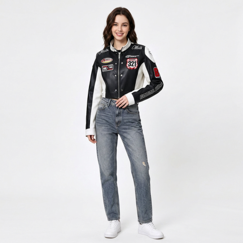 Stand-up Collar Short Motorcycle Leather Jacket