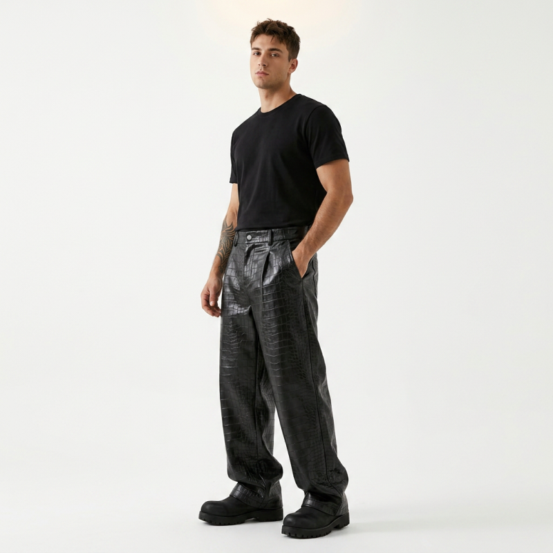 Crocodile-print Wide-leg Leather Pants