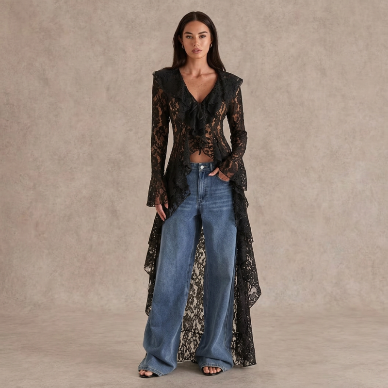 Elegant Lace Jacket With Ruffles