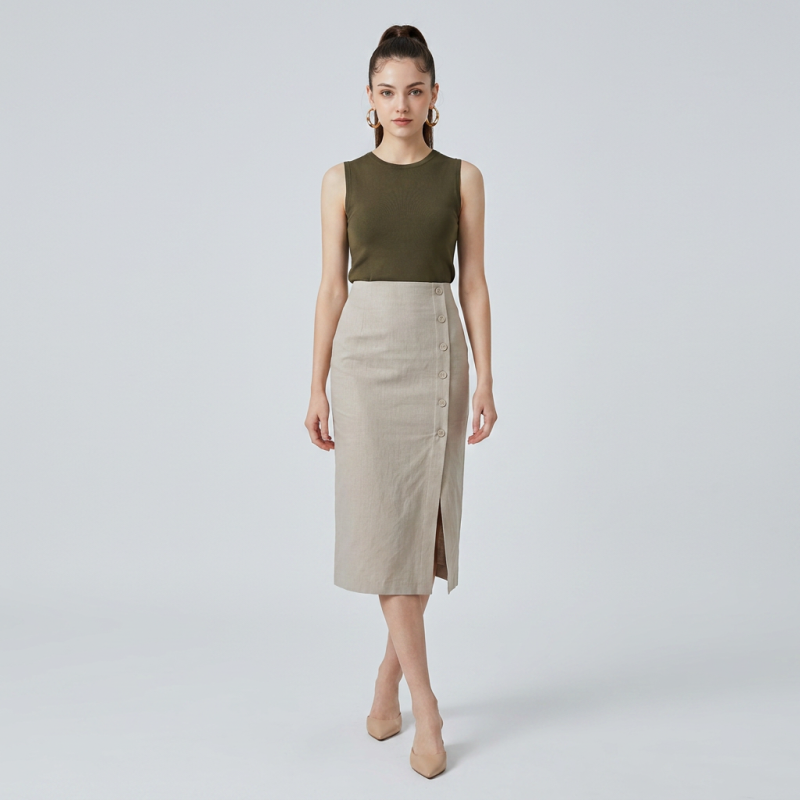 Cotton And Linen Slit Midi Skirt