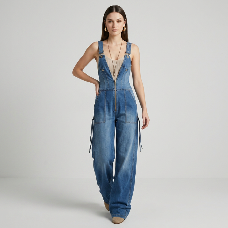 Zippered Denim Jumpsuit