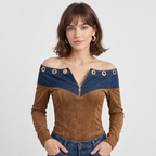 Denim Patchwork Off-shoulder Top