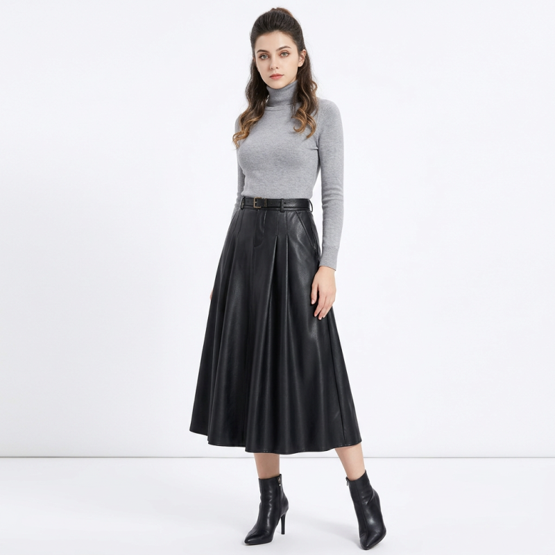 Fashionable Pleated Leather Skirt