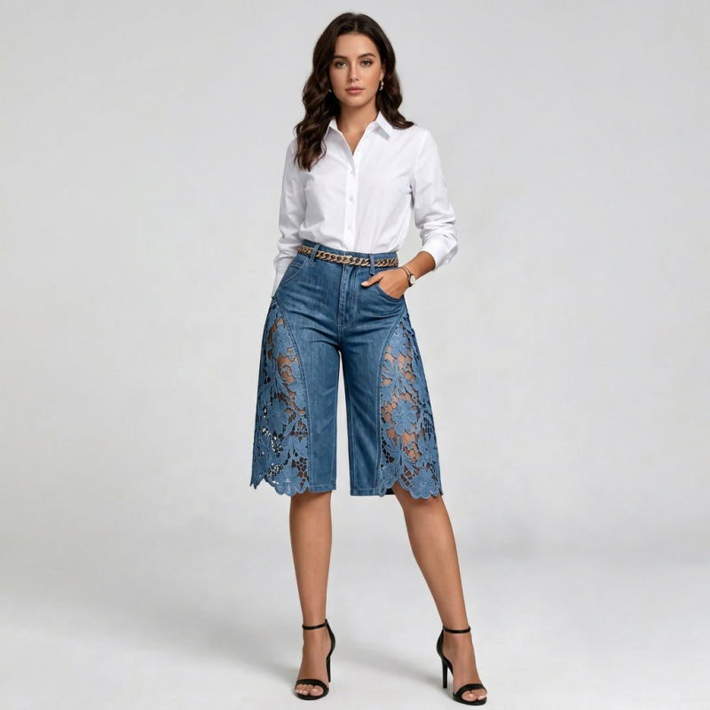 Lace-trimmed Denim Shorts