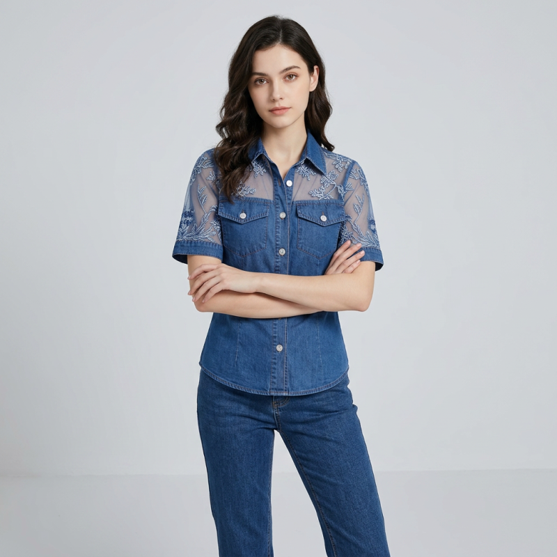 Faux Denim Patchwork Top