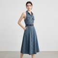 Sleeveless Polo Collar Denim Dress