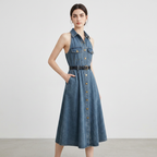 Sleeveless Polo Collar Denim Dress