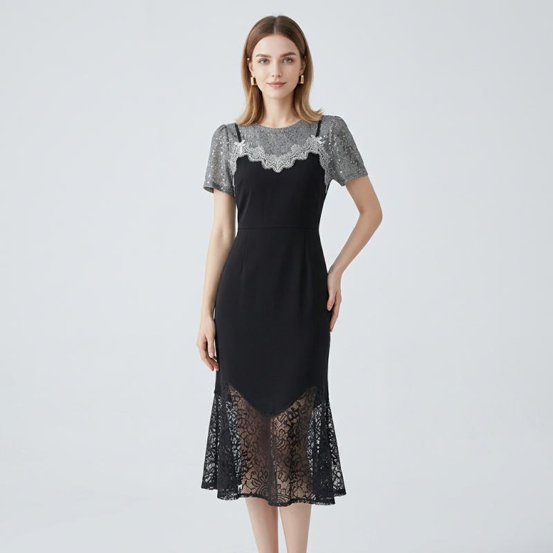 Lace-trimmed Faux Two-piece Dress