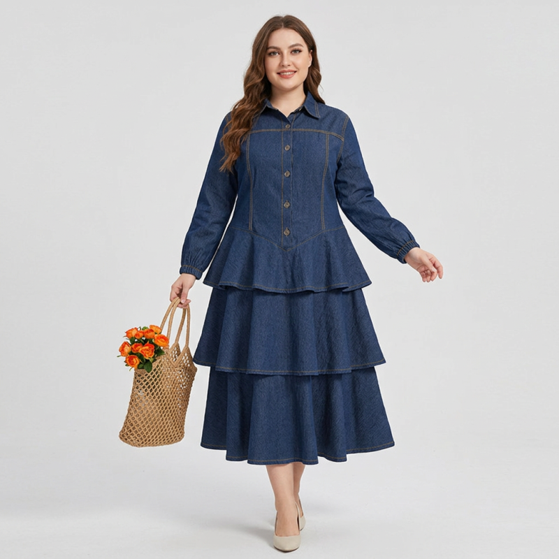 Denim Long-sleeved Collared Dress