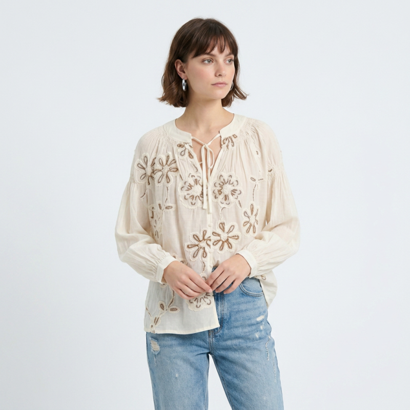Openwork Floral Tie Shirt