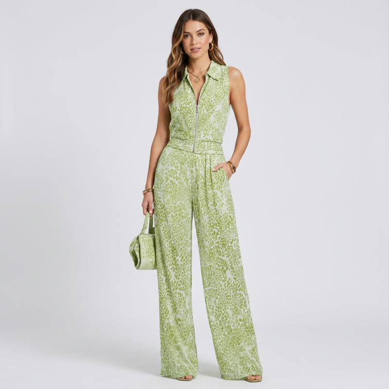 Printed Zipper Sleeveless Jumpsuit