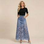 Elegant Floral Lace Denim Skirt