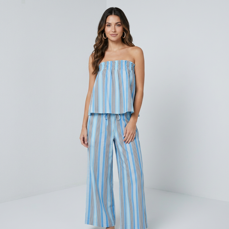 Vertical Striped Strapless Top Set